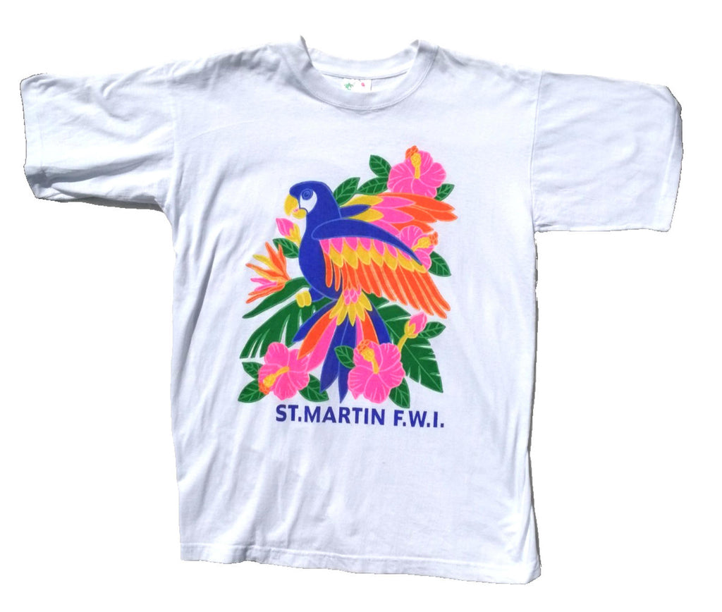 Colourful Parrot Caribbean Graphic Print T-Shirt Men's Size XL White Crew Neck