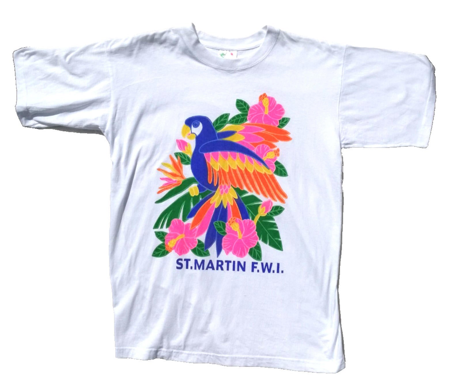 Colourful Parrot Caribbean Graphic Print T-Shirt Men's Size XL White Crew Neck