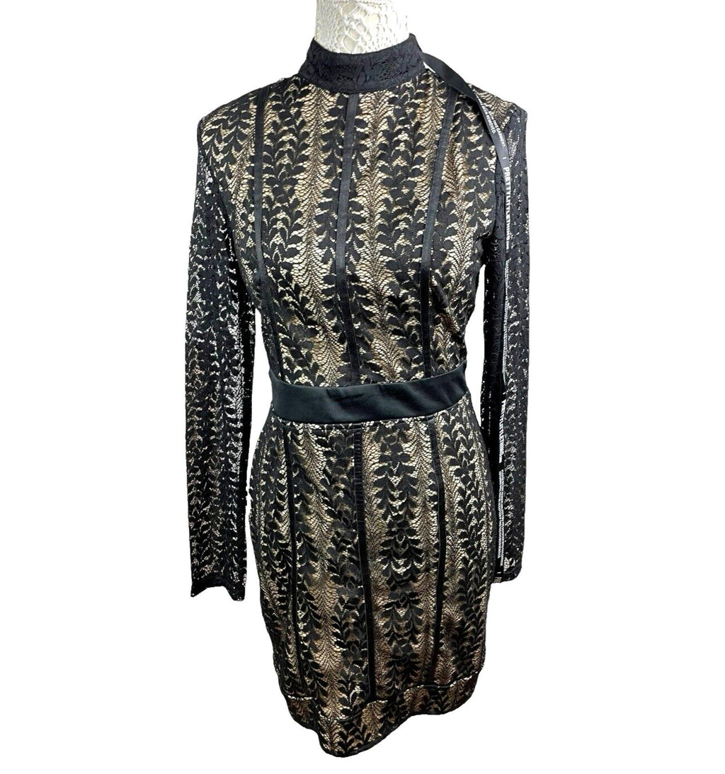 Pretty Little Thing Black Lace Mini Dress Long Sleeve Bodycon Women’s UK Size 12
