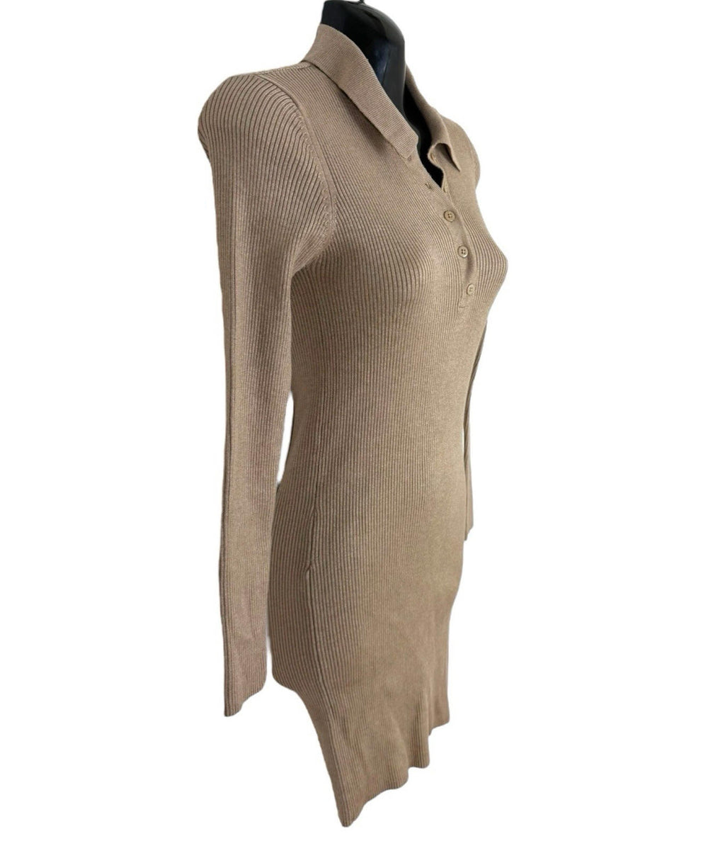 Stradivarius Beige Mini Dress Ribbed Collared Long Sleeve Women’s UK Size XS