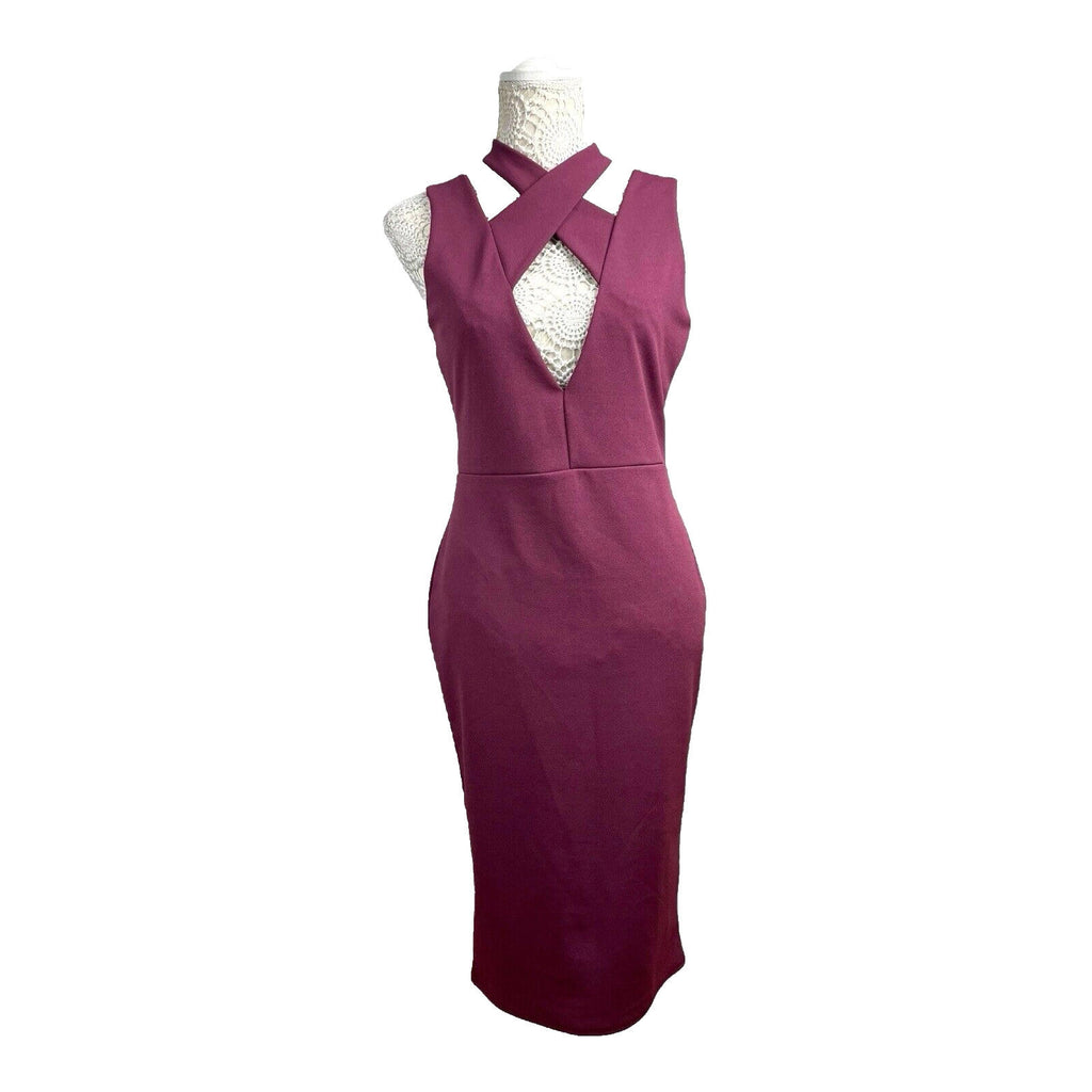 Missguided Burgandy Midi Dress Cross Neck Design Women’s UK Size 12