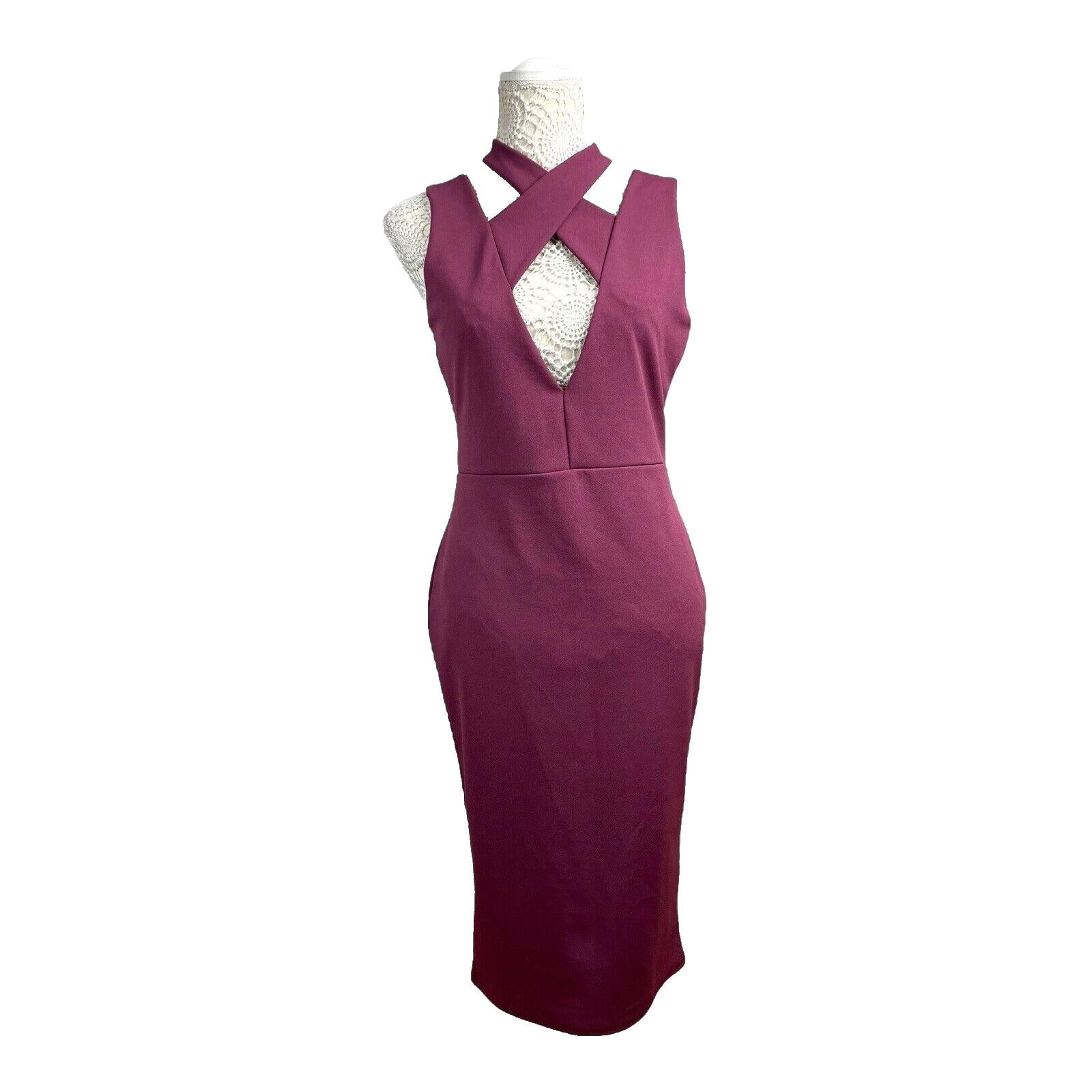 Missguided Burgandy Midi Dress Cross Neck Design Women’s UK Size 12