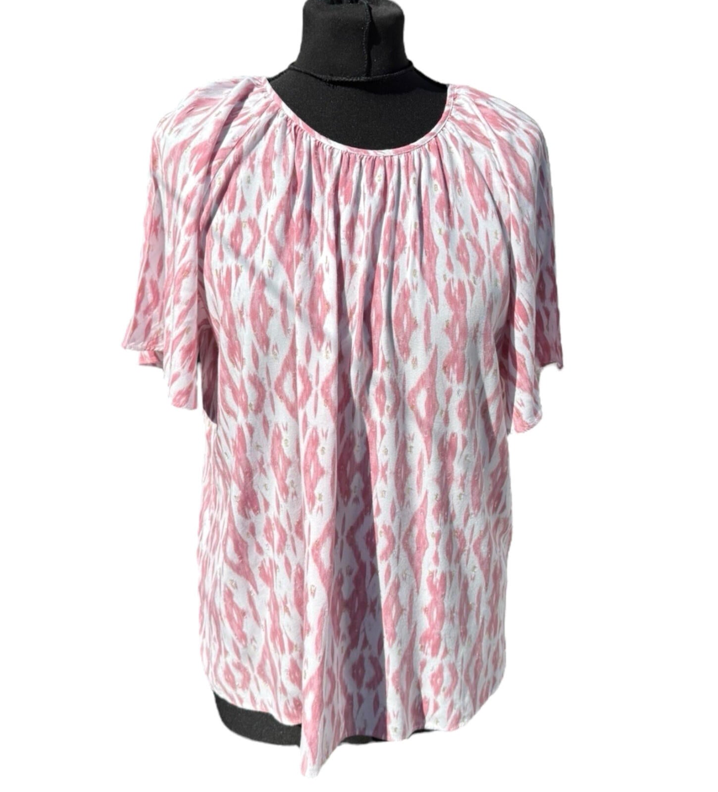 Papaya Pink White T-Shirt Blouse Gold Shimmer Geometric Print Women’s UK Size 14
