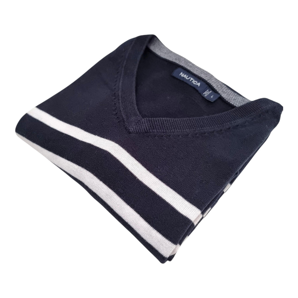 Nautica Knit Jumper Men's UK Size L Navy Blue V-Neck Nautical Sweater Pullover