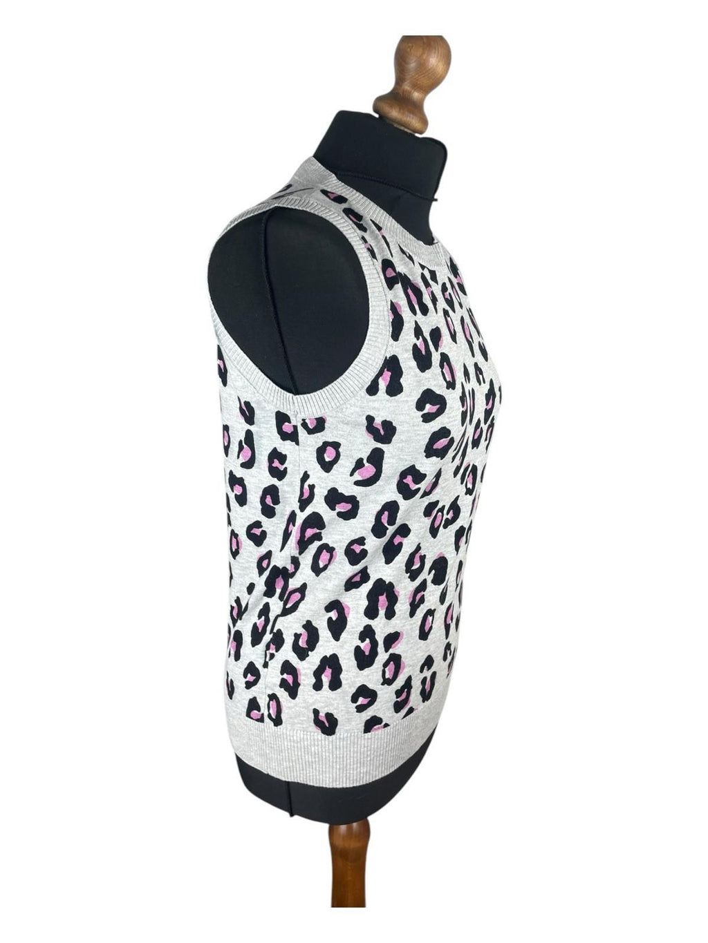 Next Leopard Print Tight Knit Jumper Vest Women’s UK Size 8 Grey Black & Pink