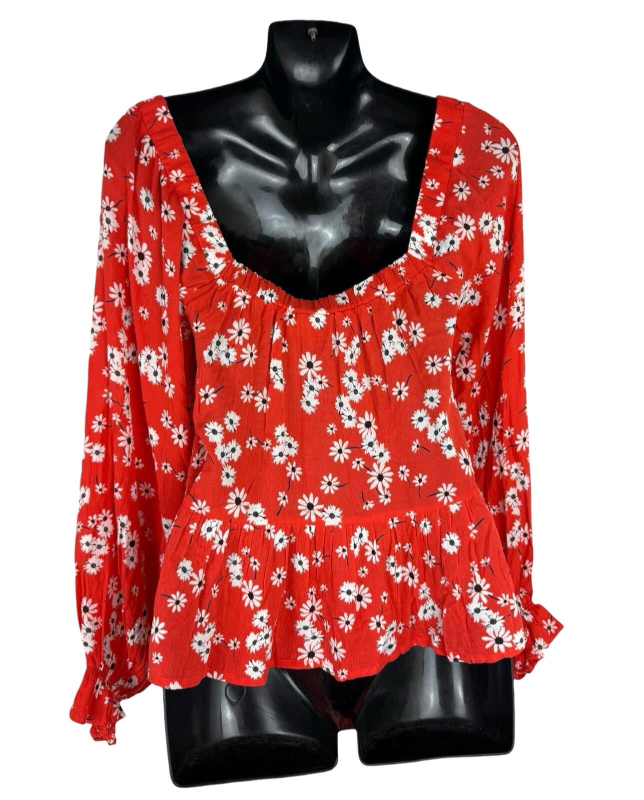 ASOS Square Neck Crinkle Smock Top Women’s UK Size 8 Red Floral Elasticated Cuff