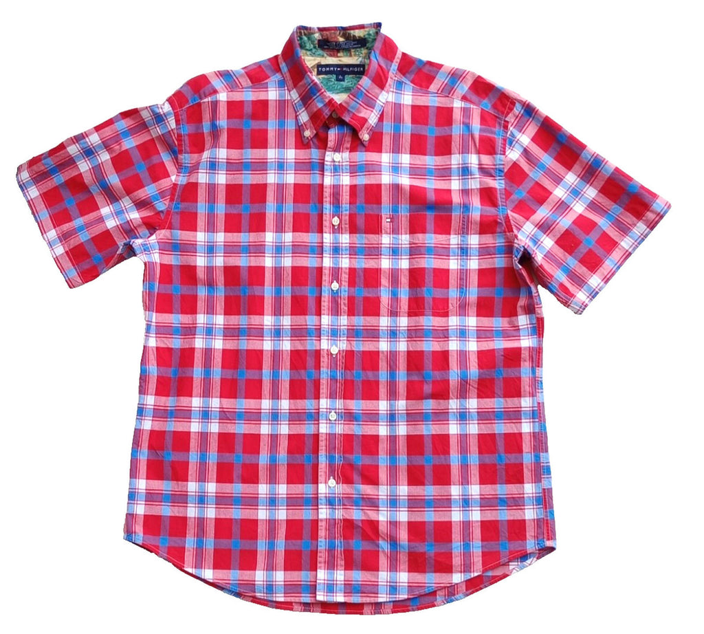 Tommy Hilfiger Shirt Men's UK Size L Red Check Short Sleeve Pockets 100% Cotton