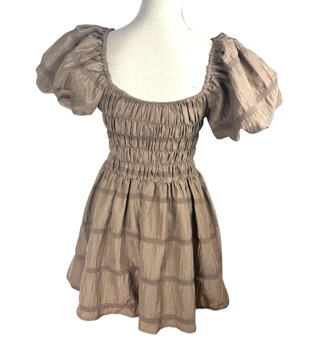 Pretty Little Thing Mini Dress Brown Shirred Aline Women's UK Size 8
