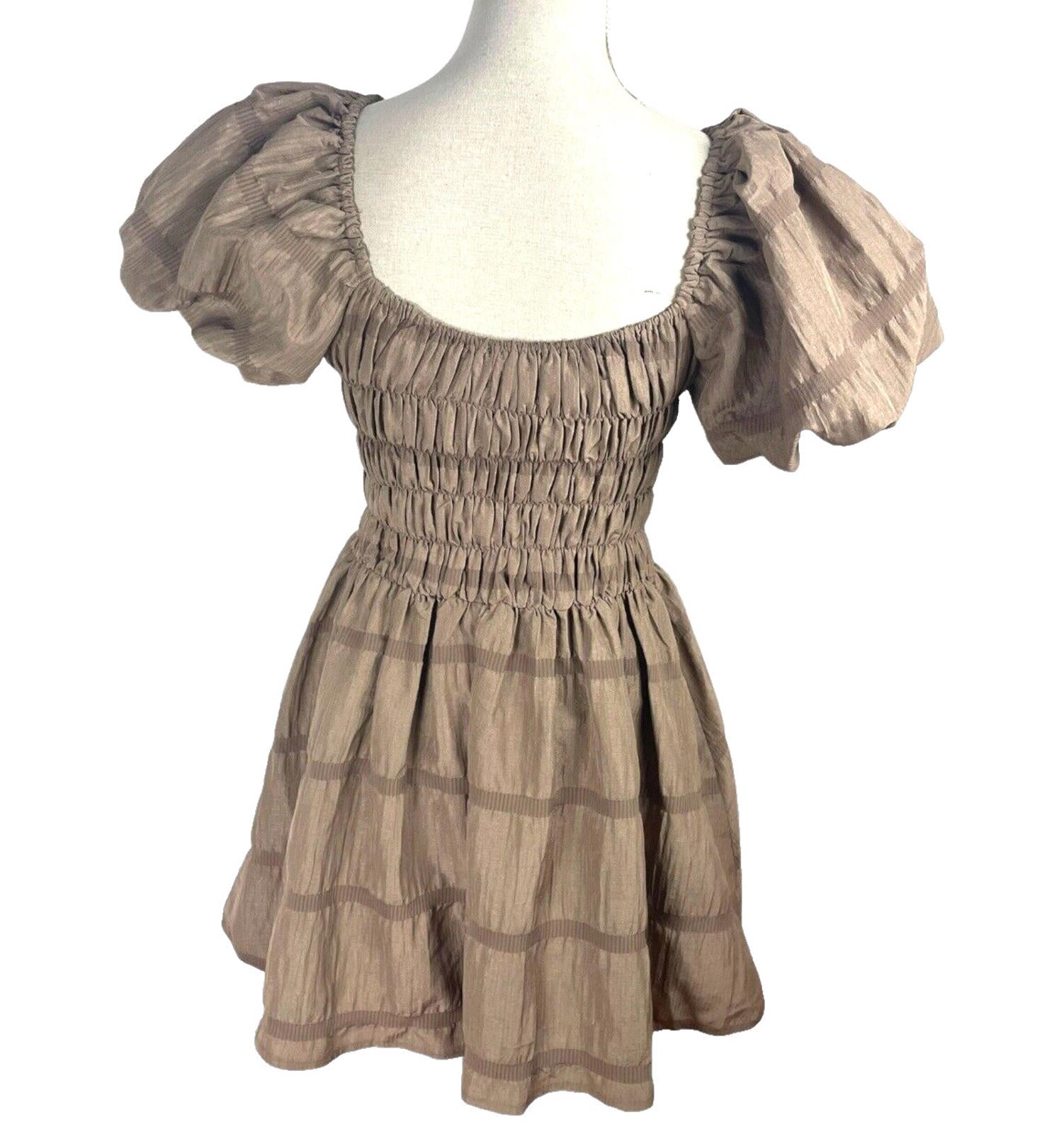 Pretty Little Thing Mini Dress Brown Shirred Aline Women's UK Size 8