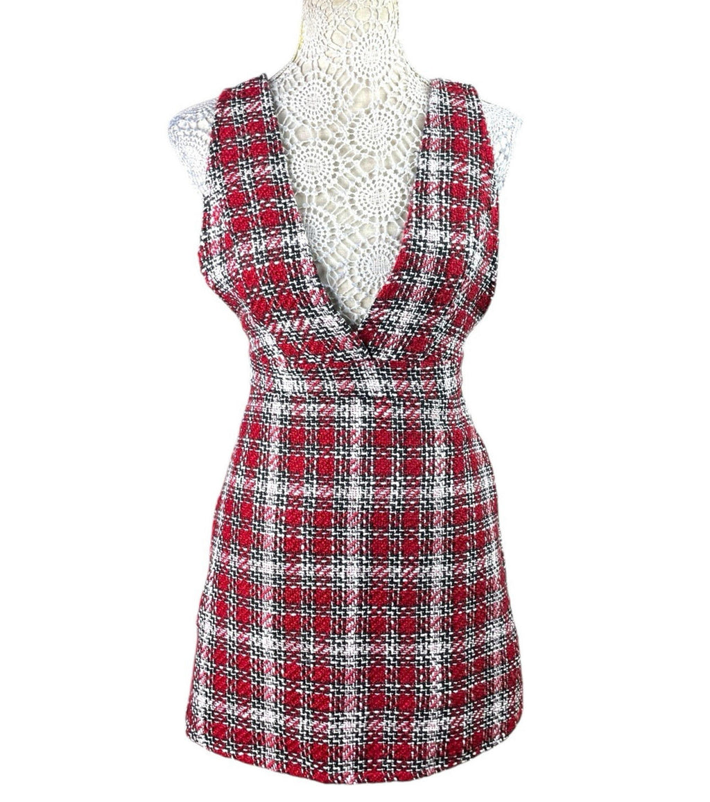 New Look Red Tartan Pinafore Mini Dress Women’s UK Size 8 Petite Boucle Tweed