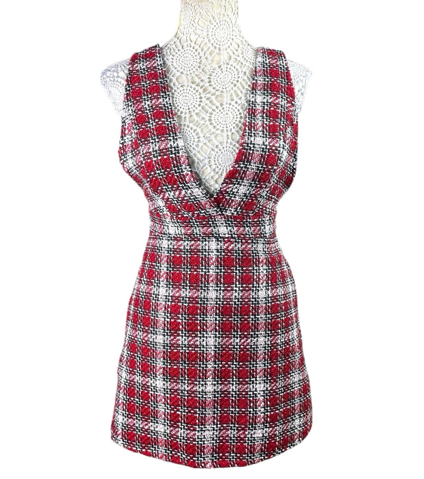 New Look Red Tartan Pinafore Mini Dress Women’s UK Size 8 Petite Boucle Tweed