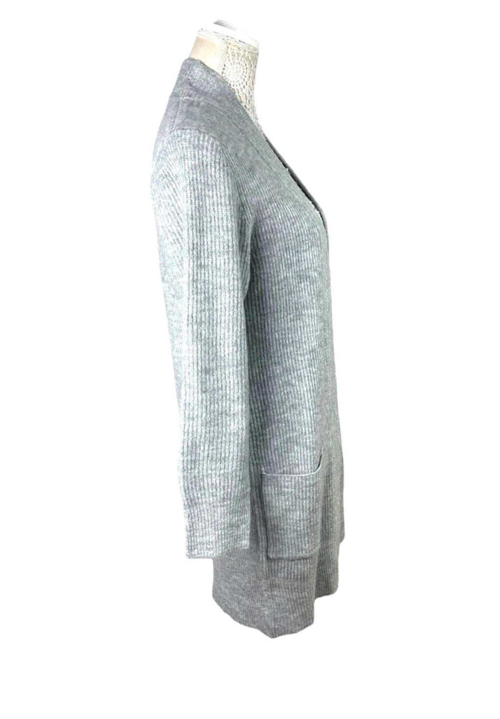 New Look Longline Knit Cardigan Women’s UK Size S Grey Ribbed Open Front Pockets