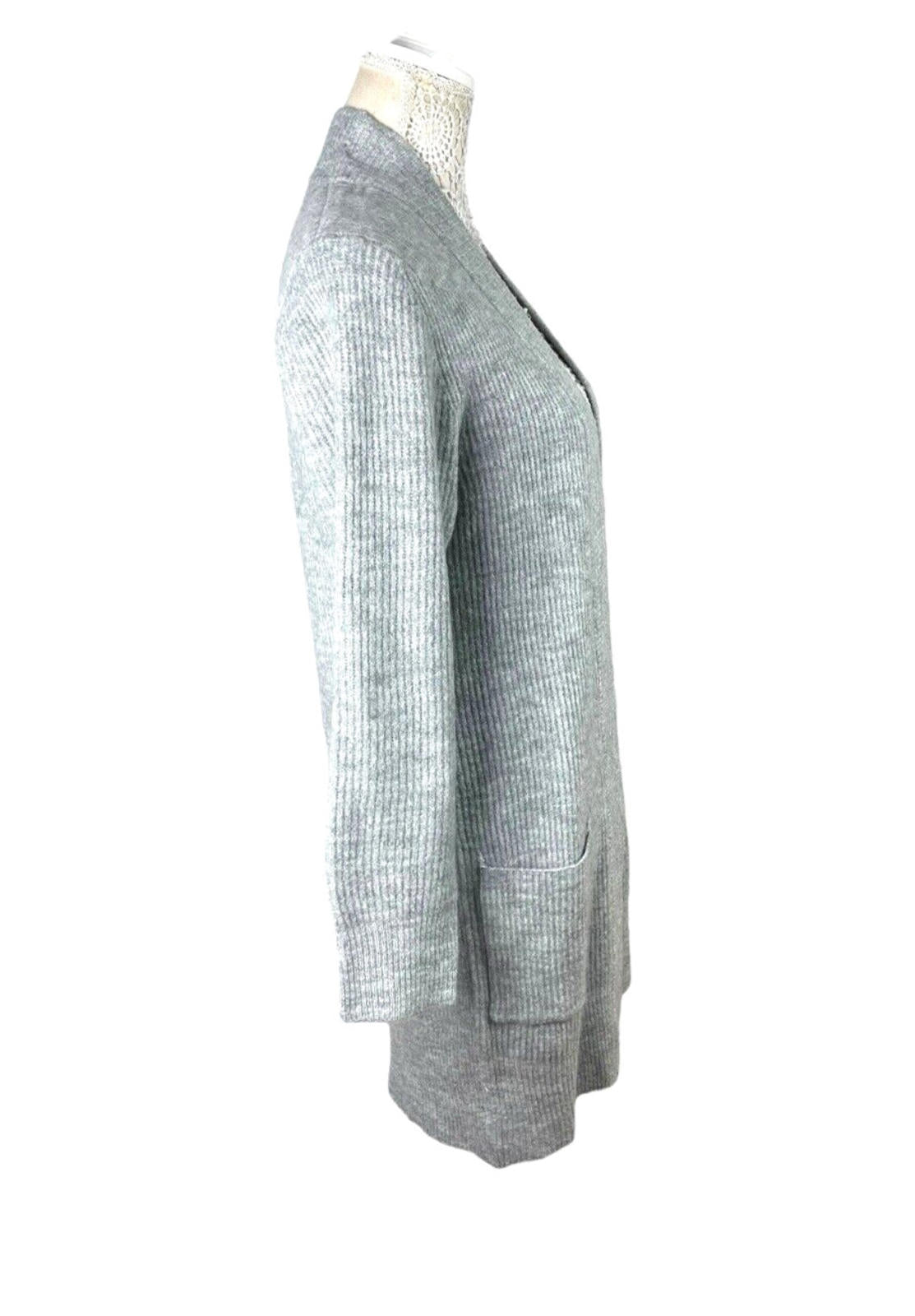 New Look Longline Knit Cardigan Women’s UK Size S Grey Ribbed Open Front Pockets