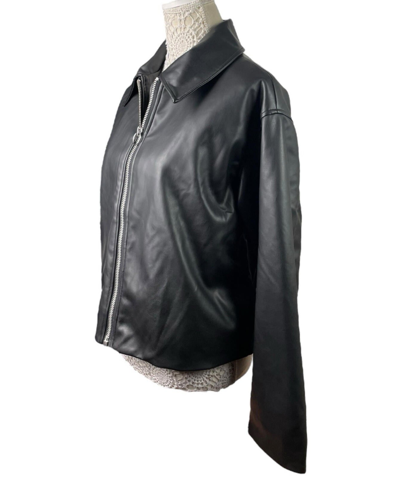 ASOS Faux Leather Jacket Women's UK Size 6 Black Zip Front Oversized Big Collar