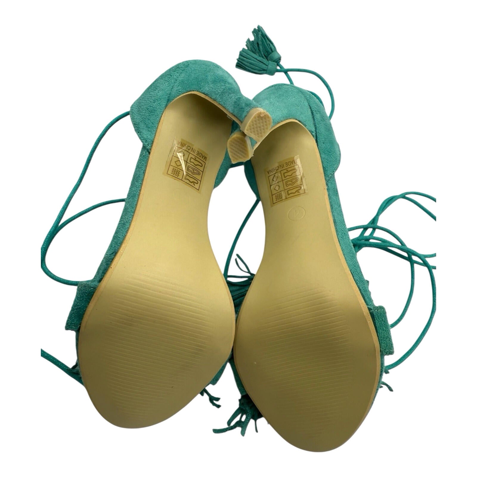 No Doubt Strap Up Stiletto Shoes Women’s UK Size 4 Open Tasseled Toe Green Suede
