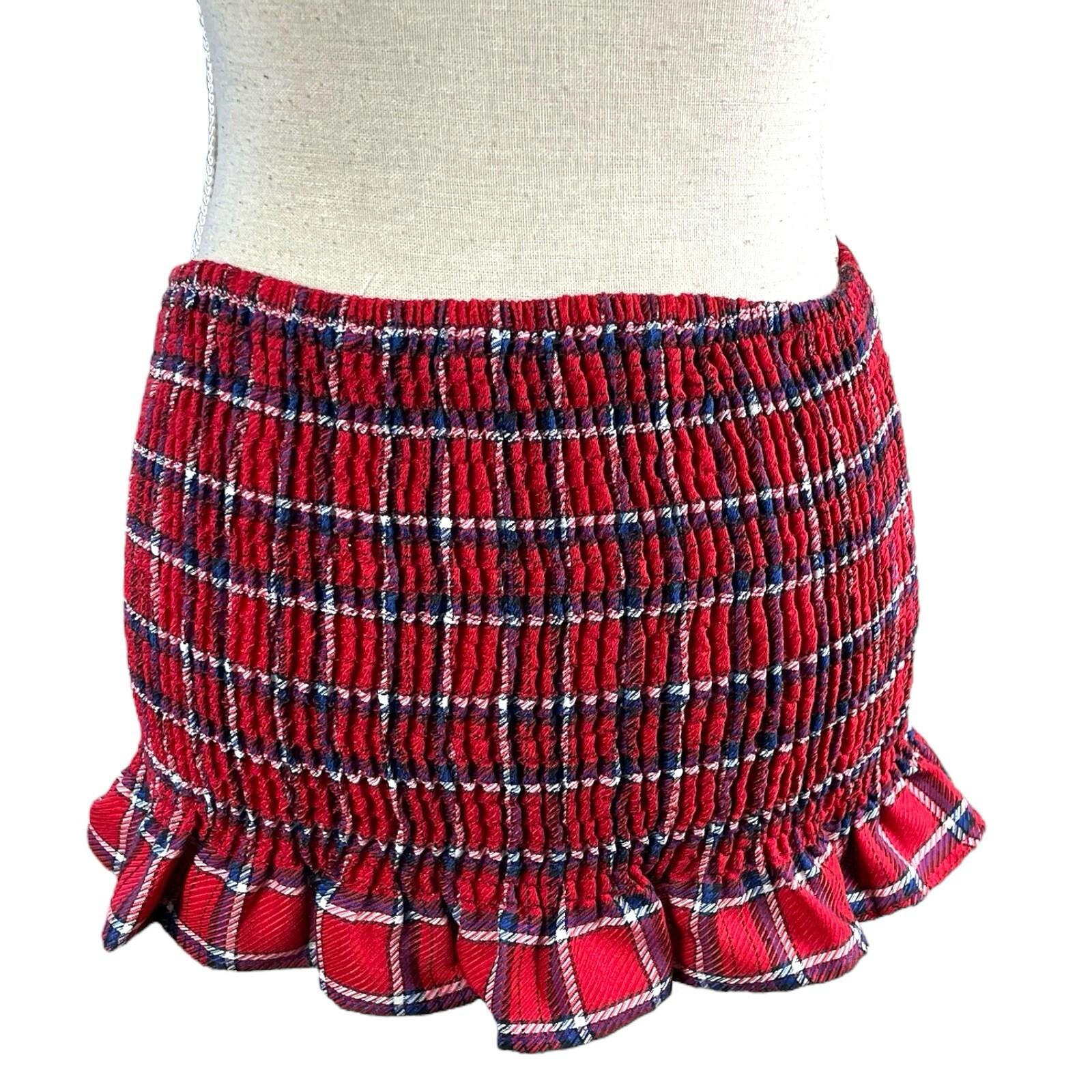 China Base Red Tartan Mini Skirt Shirred High Waist Women’s UK Size 8