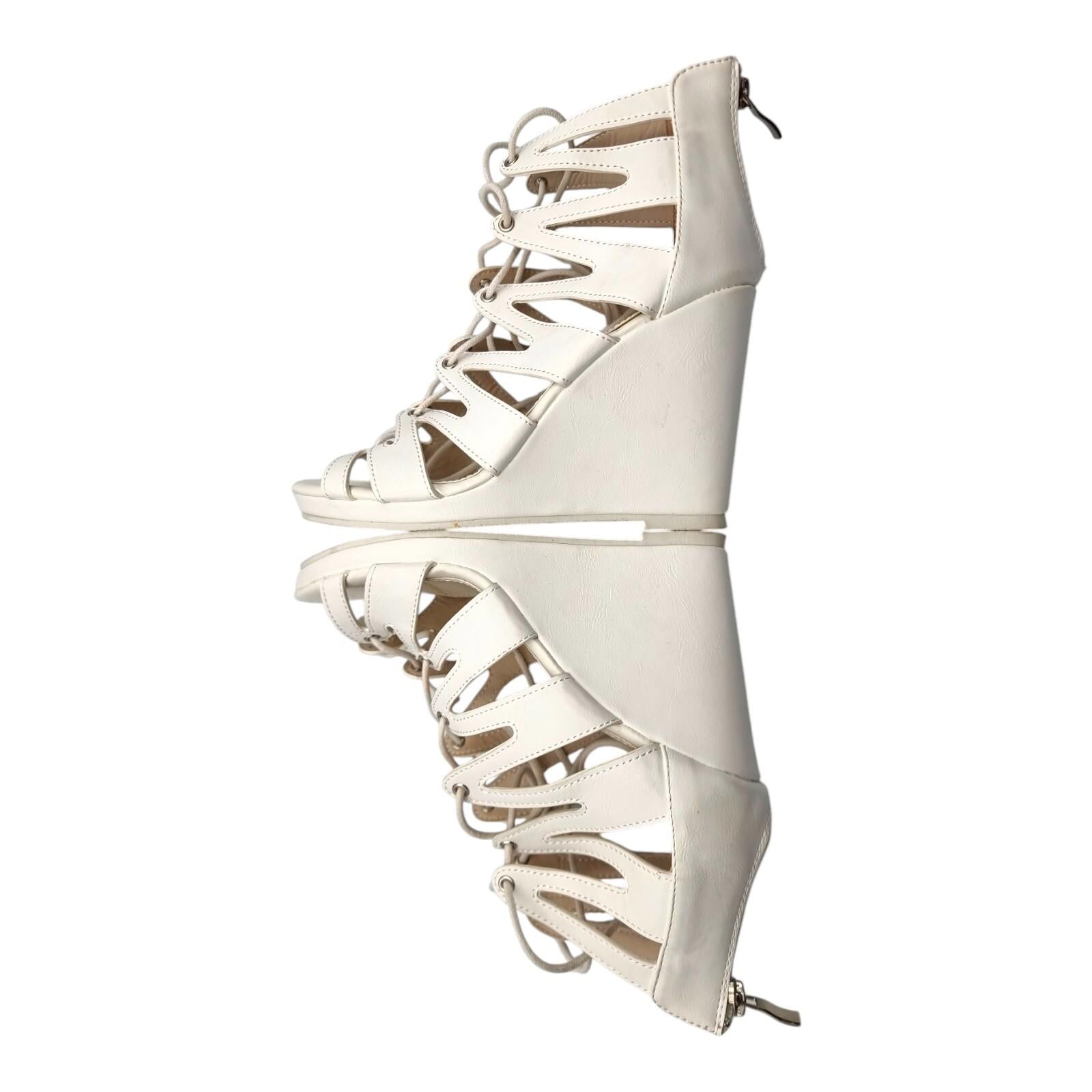 Aspirer Wedge Shoes Women's UK Size 7 Ankle Strap White Lace Up Faux Leather
