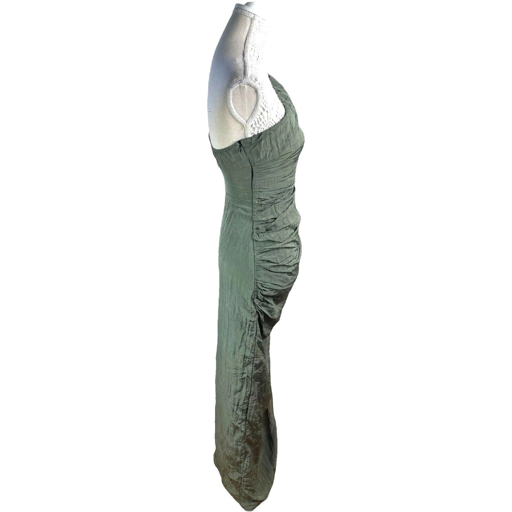 Evening Occasion Dress Women's UK Size 8 Green One Shoulder Crinkle Side Slit