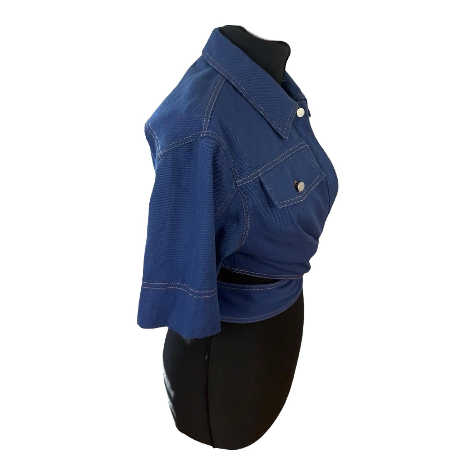 Cropped Denim Shirt Women’s UK Size 8 Blue Twist Cutout Detail 3/4 Sleeve Top