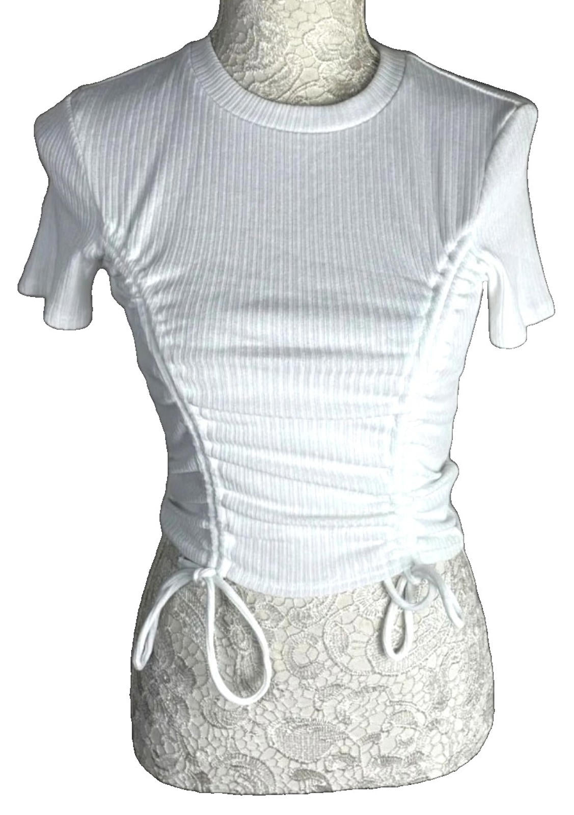 Divided Crop Top Women's UK Size S White Ribbed Ruffle Bow Detail Summer Cropped