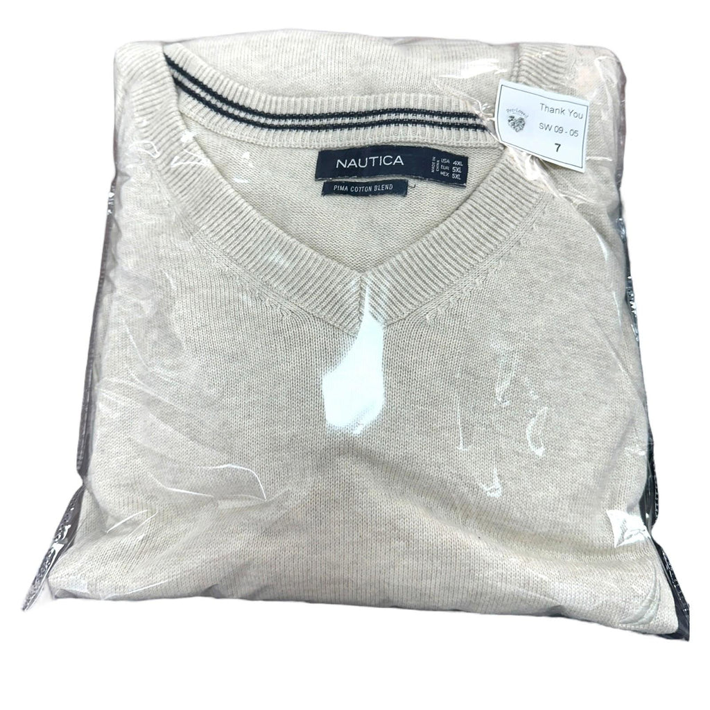 Nautica Knit Jumper Men's UK Size 5XL Beige 100% Cotton Embroidered V-Neck