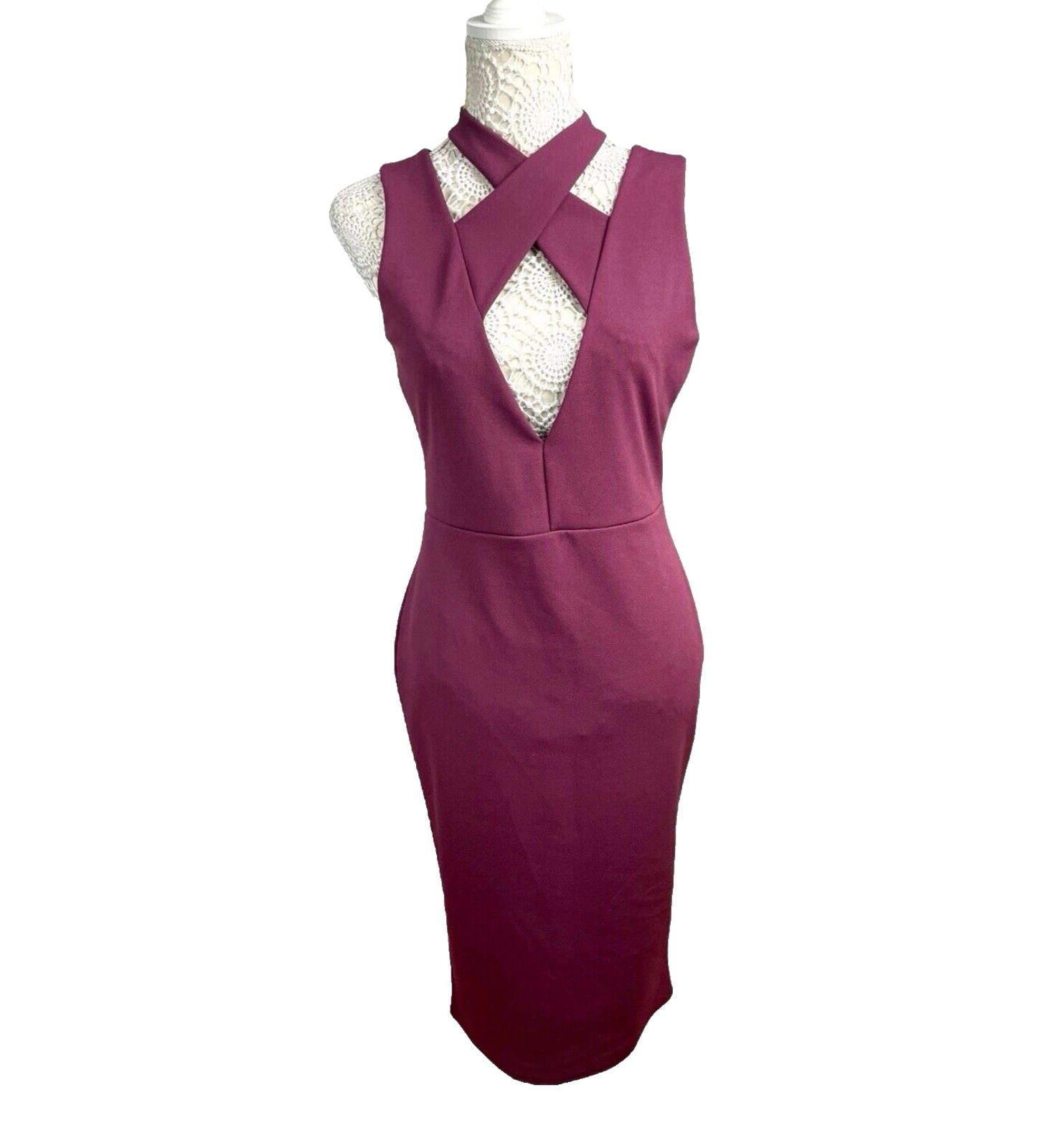 Missguided Burgandy Midi Dress Cross Neck Design Women’s UK Size 12