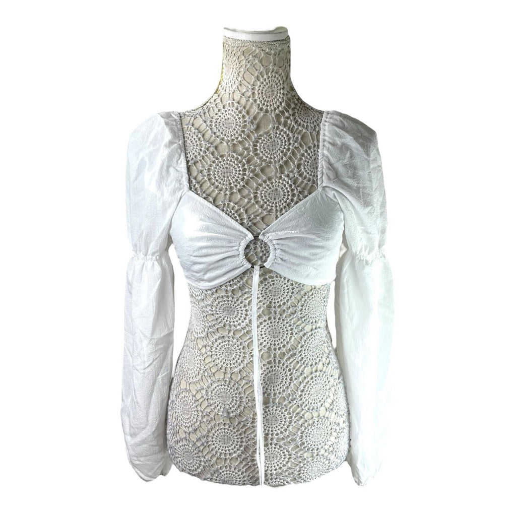 Divided White Puff Sleeve Crop Top Silver Ring Eyelet Women’s UK Size S