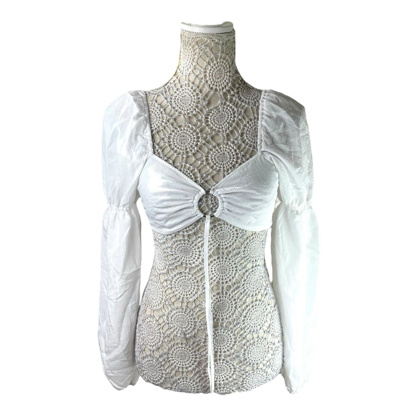 Divided White Puff Sleeve Crop Top Silver Ring Eyelet Women’s UK Size S