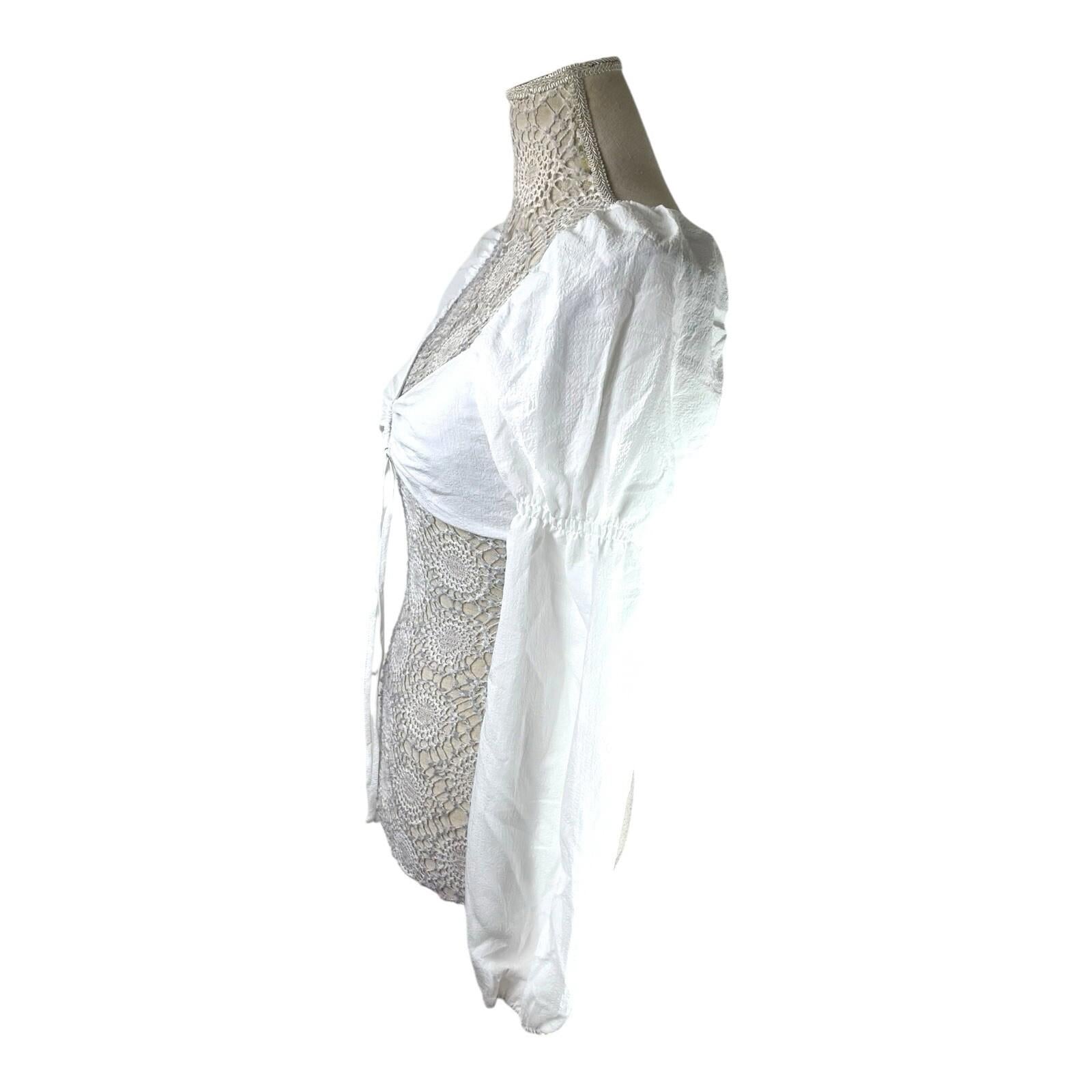 Divided White Puff Sleeve Crop Top Silver Ring Eyelet Women’s UK Size S
