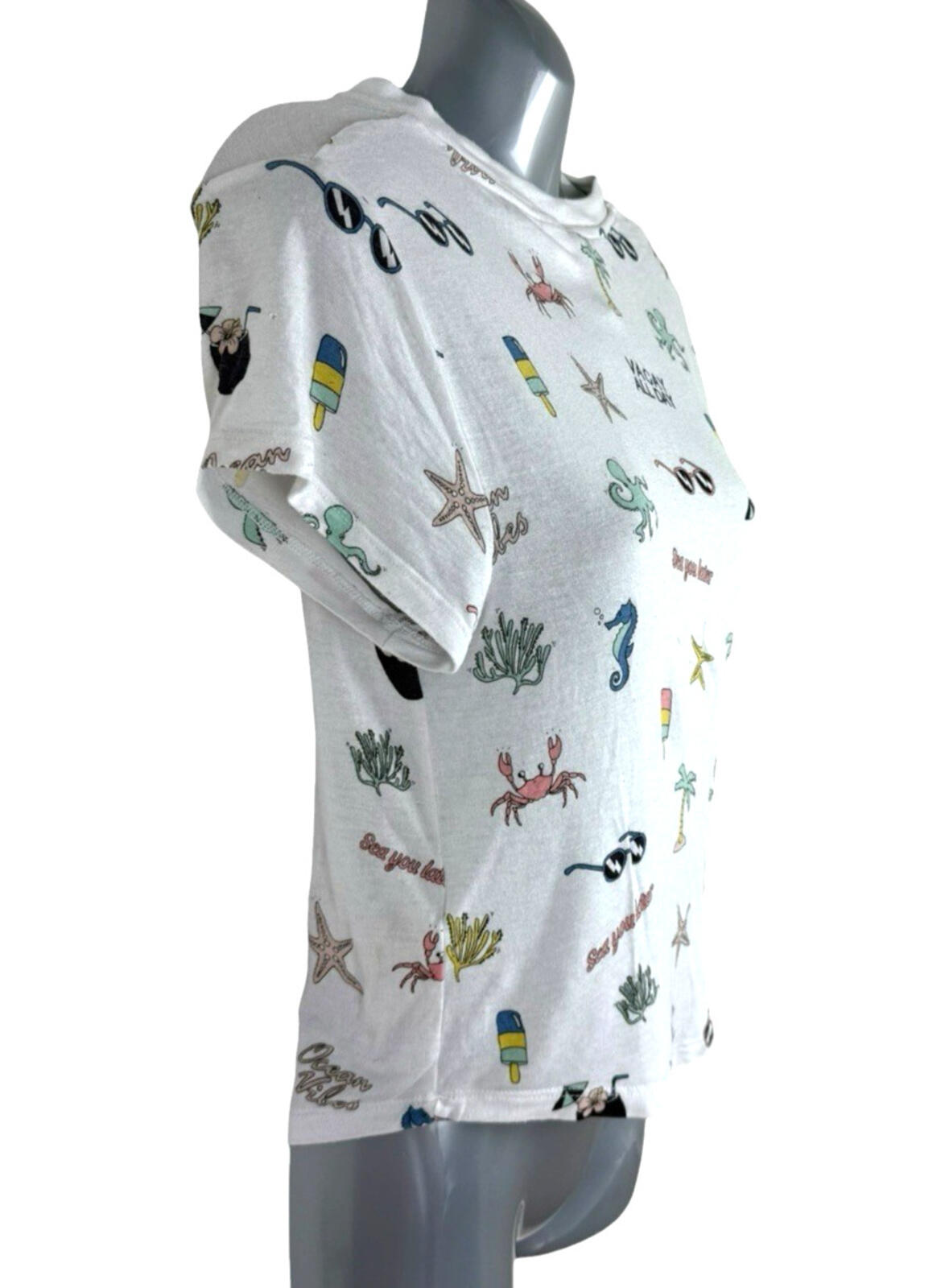 Divided Printed T-Shirt Crop Top Women’s UK Size S Short Sleeve Holiday Print