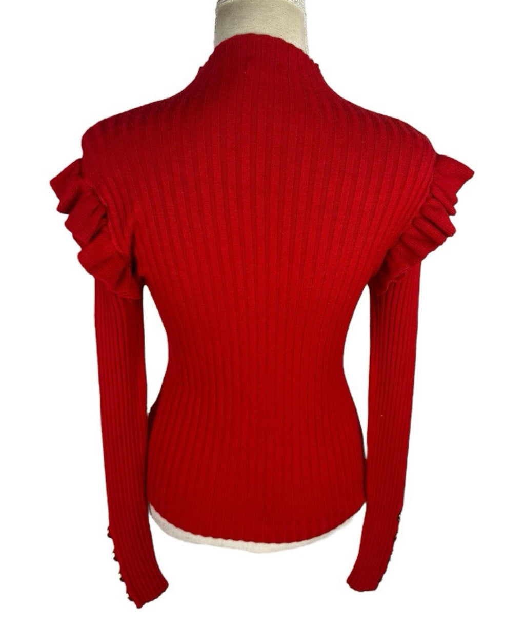 Moocci Red High Neck Knit Jumper Ribbed Gold Button Women’s UK Size M