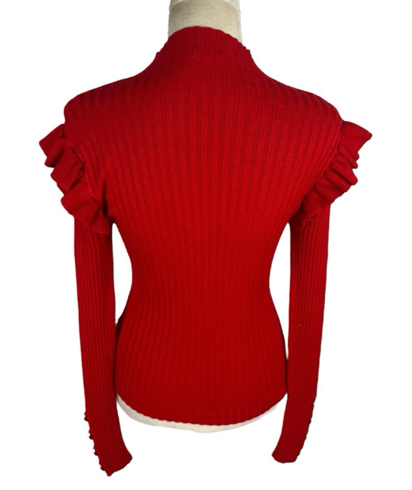 Moocci Red High Neck Knit Jumper Ribbed Gold Button Women’s UK Size M