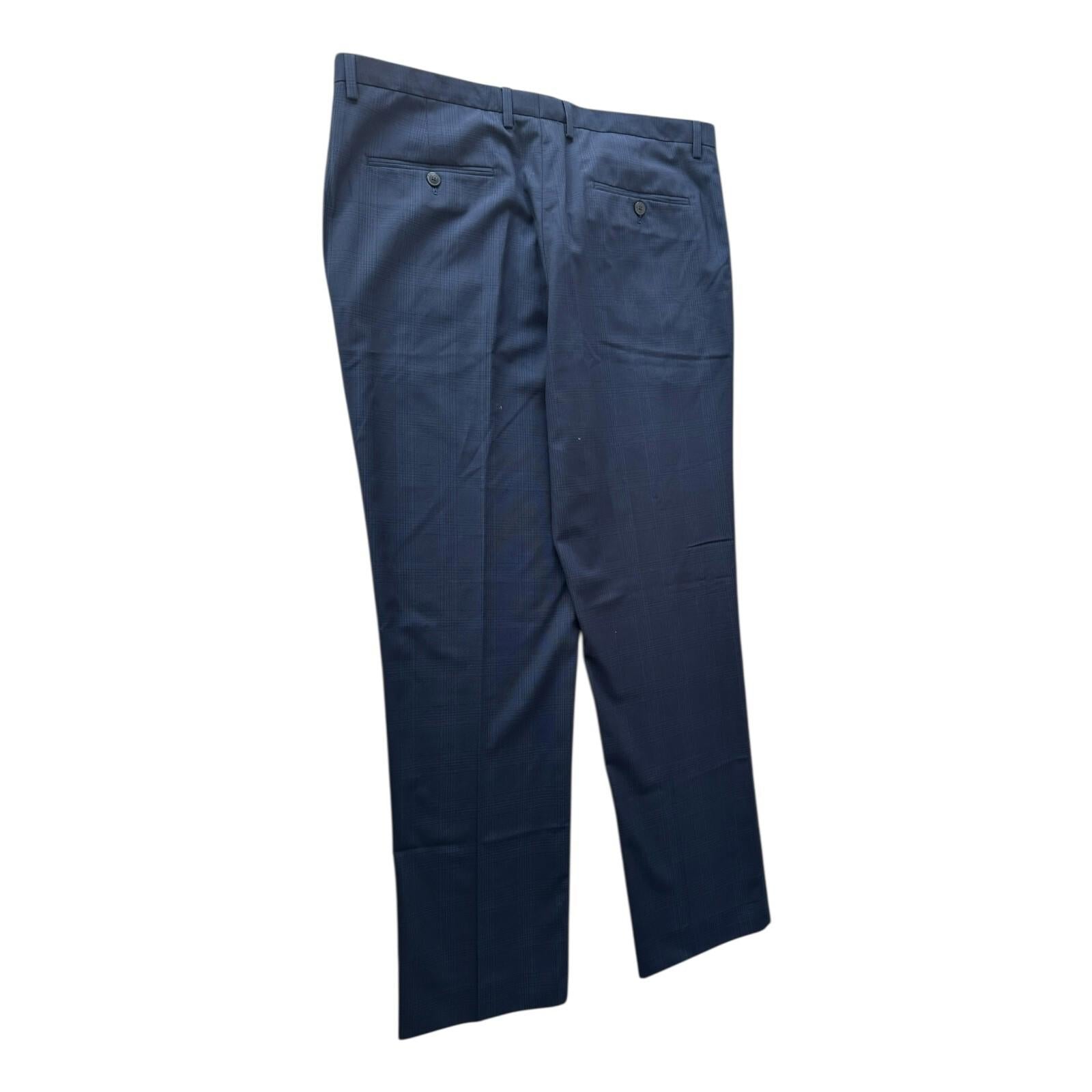 Tailered Fit Trousers Men's UK Size W38 L33 Navy Blue Check Formal Pleated Front