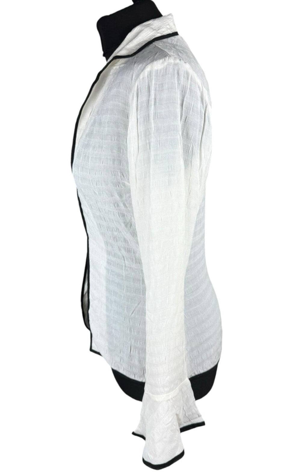 Linen Blazer Blouse Top Women’s UK Size S Flared Sleeves Ivory & Black Piping