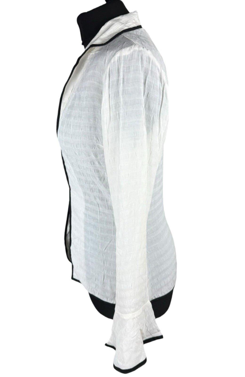 Linen Blazer Blouse Top Women’s UK Size S Flared Sleeves Ivory & Black Piping