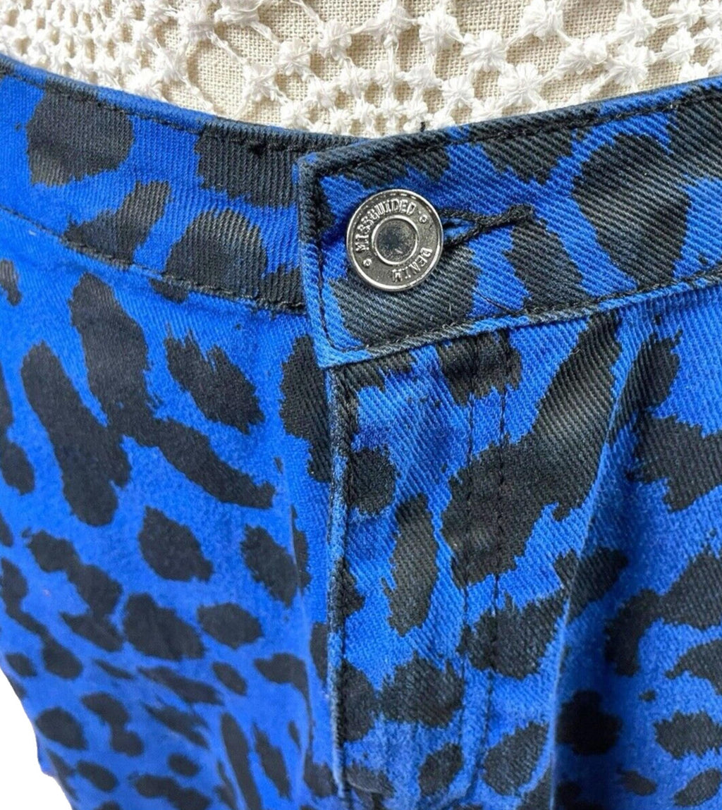 Denim Mini Skirt Women’s UK Size 12 Blue Leopard Print High Waist Pockets Y2K