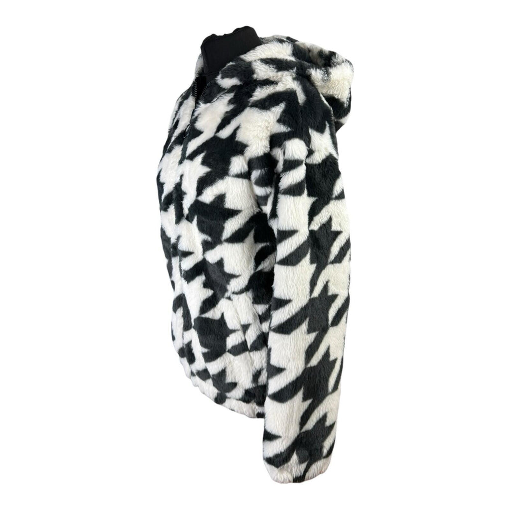 Divided Faux Fur Bomber Jacket Women’s UK Size XS Hooded Pockets Houndstooth
