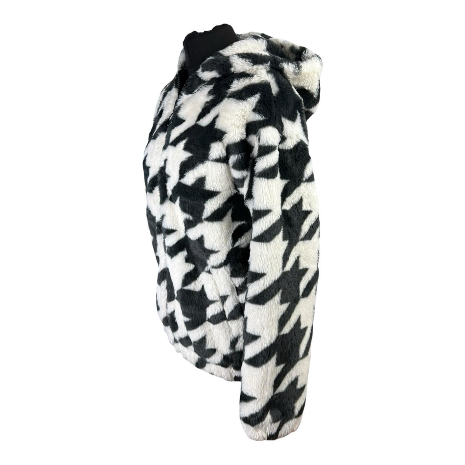 Divided Faux Fur Bomber Jacket Women’s UK Size XS Hooded Pockets Houndstooth