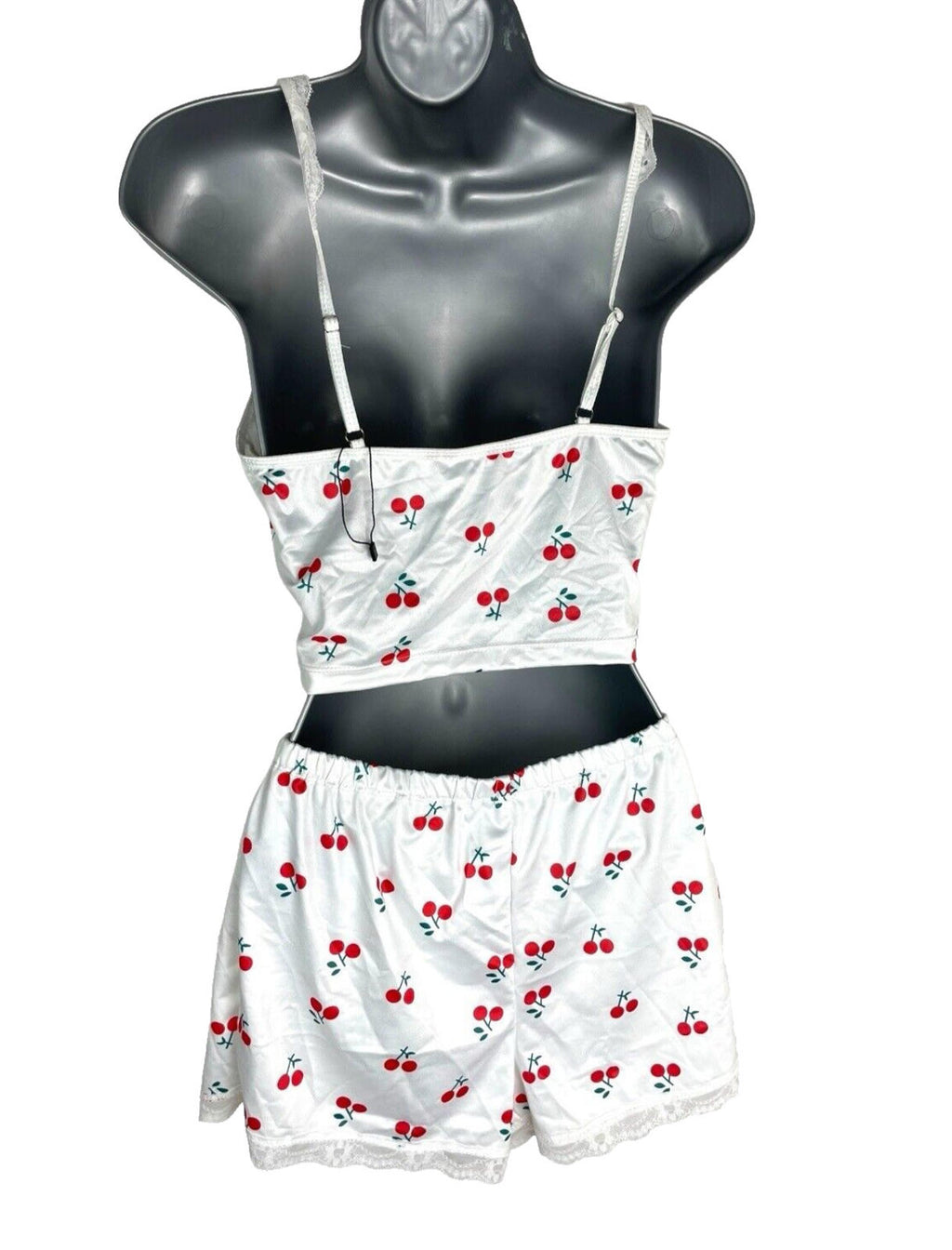 White Satin  Shorts & Croptop Co Ord Cherry Print Women’s UK Size 6-8
