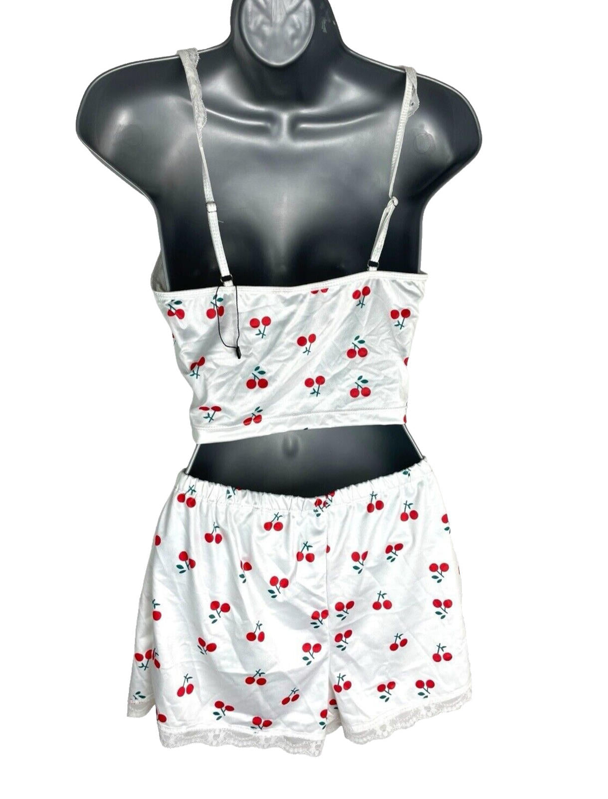 White Satin  Shorts & Croptop Co Ord Cherry Print Women’s UK Size 6-8