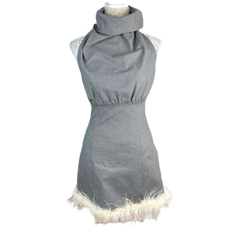 Pretty Little Thing Midi Dress Grey Denim Backless Feather Hem Women’s UK Size 8