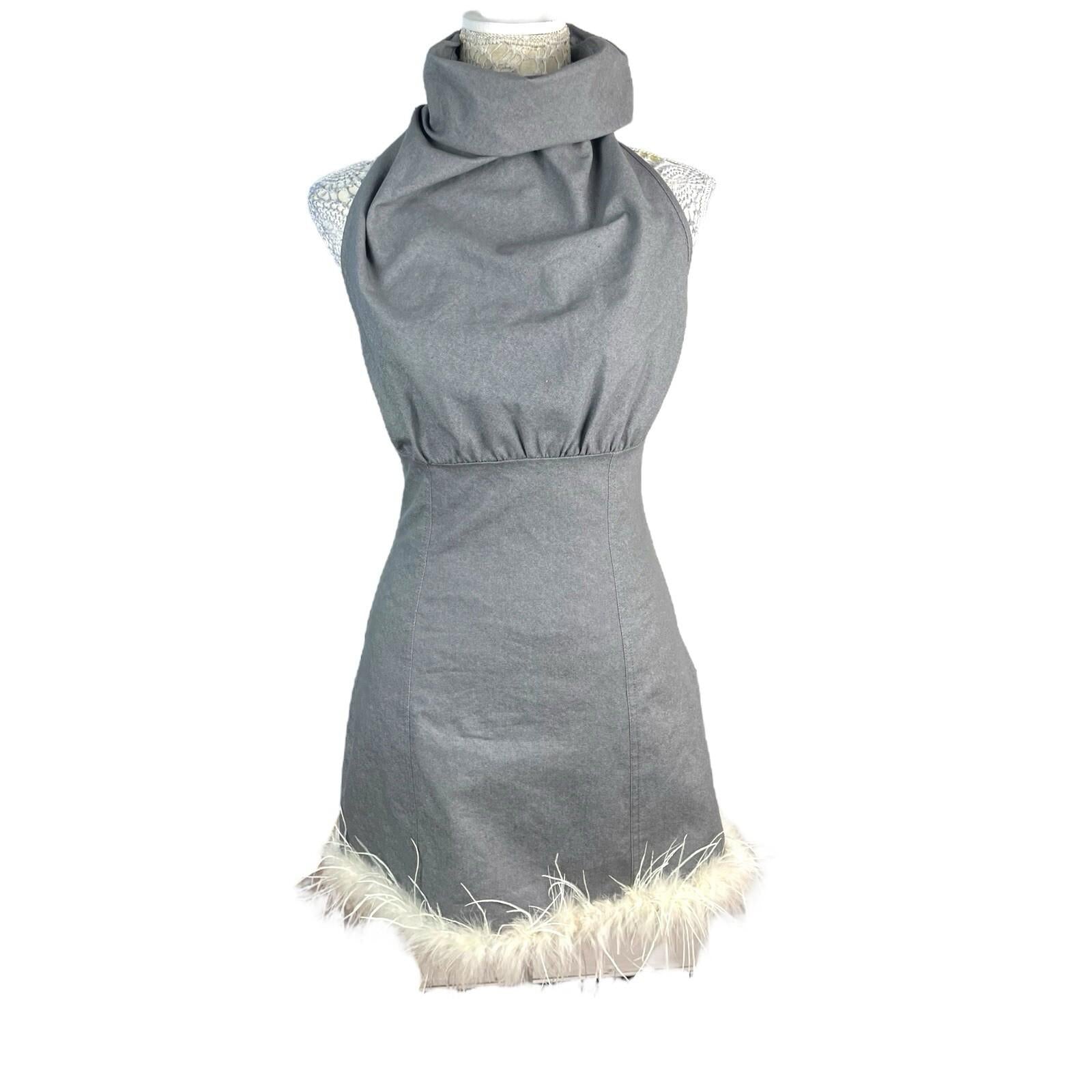 Pretty Little Thing Midi Dress Grey Denim Backless Feather Hem Women’s UK Size 8