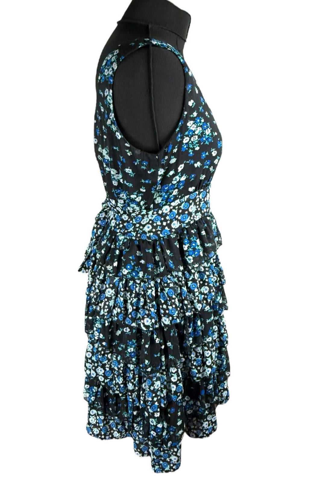 Austin Black Floral Mini Dress Ruffle Layers Tie Back Women’s UK Size 18