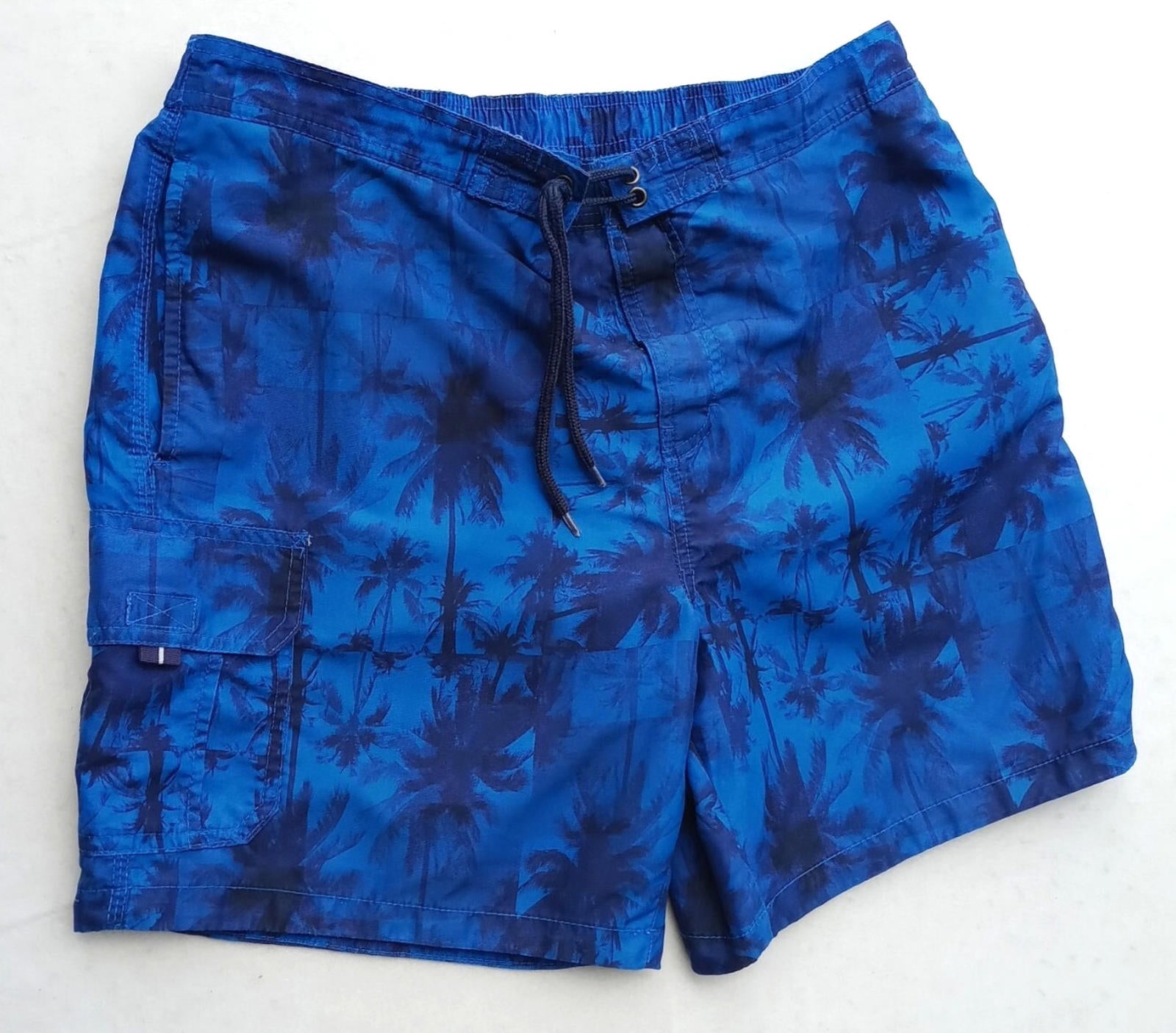 Palm Tree Swim Shorts Men's UK Size L Blue Pockets Drawstring Hawaiian Print