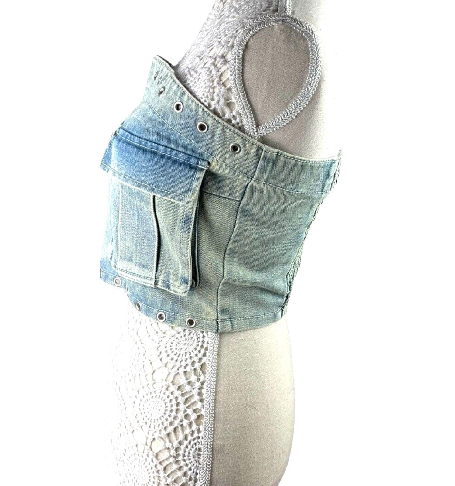 London Crew Light Wash Denim Crop Top Women’s UK Size 8 Blue Pockets Shirred