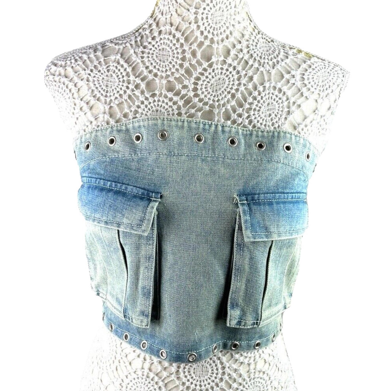 London Crew Light Wash Denim Crop Top Women’s UK Size 8 Blue Pockets Shirred