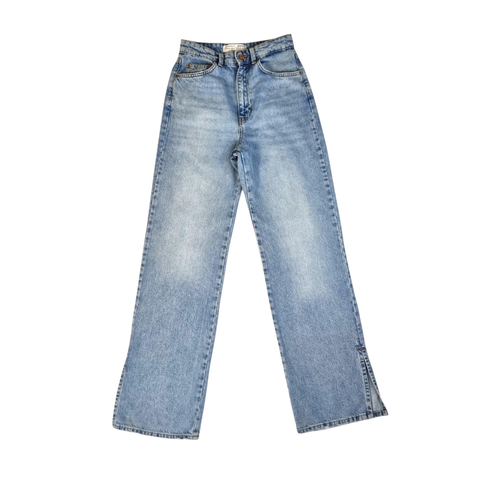 Stradivarius Jeans Women's UK Size 8 Long Split Hem Straight Fit High Waist Blue