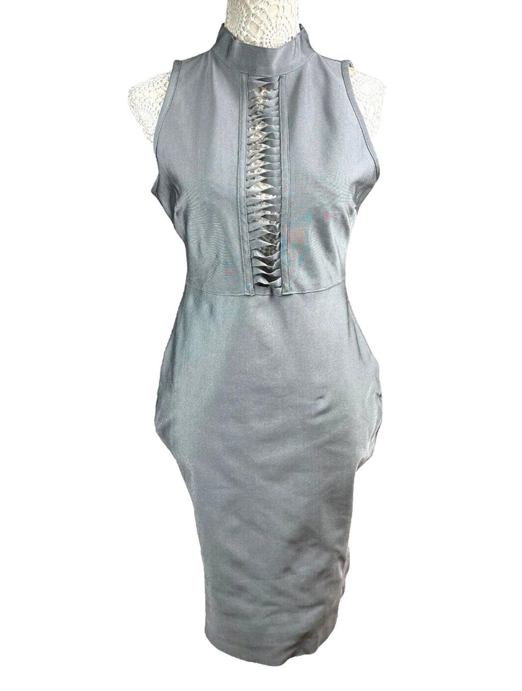 Missguided Silver Shimmer Midi Dress Shaping High Neck Women’s UK Size 12