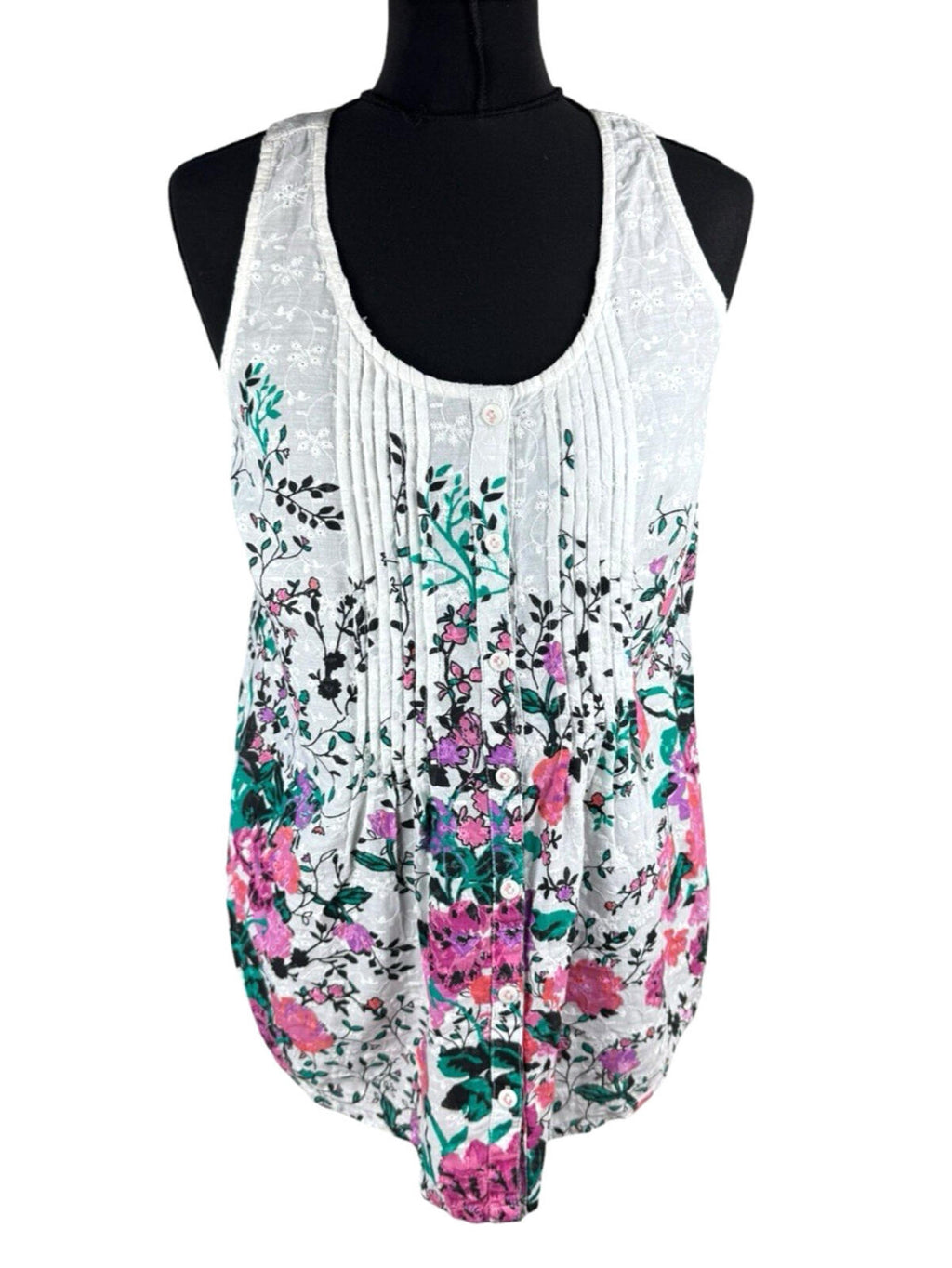 F&F Floral Blouse Women’s UK Size M Button Up White Embroidered Sleeveless