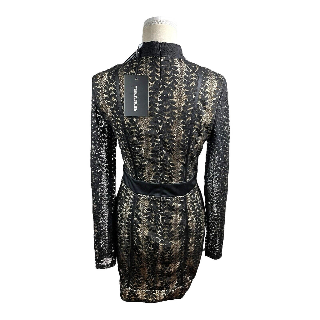 Pretty Little Thing Black Lace Mini Dress Long Sleeve Bodycon Women’s UK Size 12